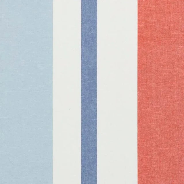 Sample - Schumacher Lolland Linen Stripe Fabric in Sky & Coral For Sale