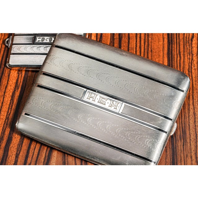 1920s Fantastic Art Deco Engine Turned Sterling Silver Enamel Antique Cigarette Case and Vesta Tobacciana For Sale - Image 5 of 15