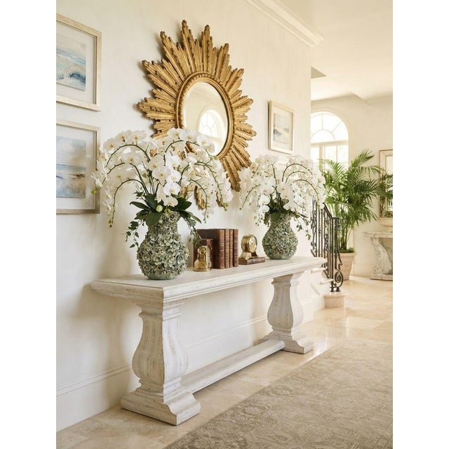 Vintage Italian 20" Encrusted Floral Ceramic Urn Vases - Pair in Muted Sage Green For Sale - Image 9 of 12