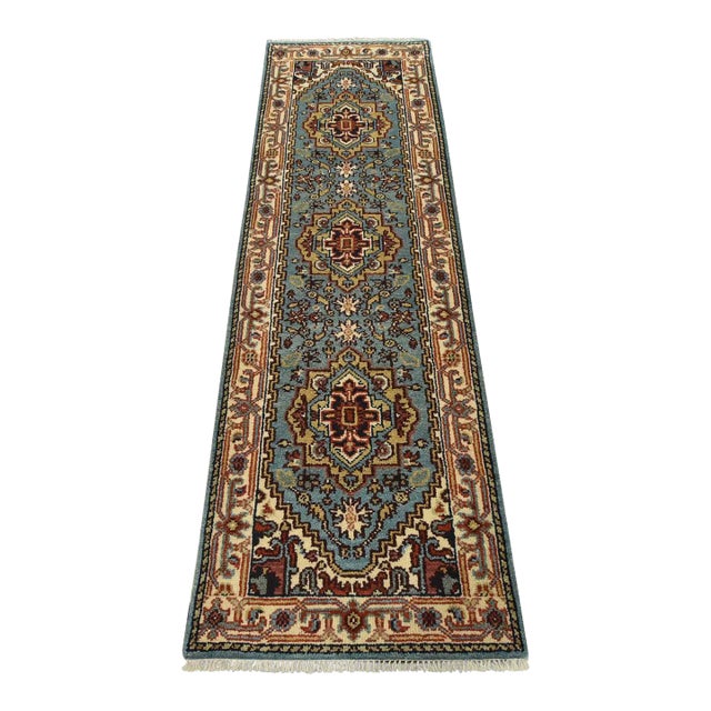 Heriz Runner 2’6” X 8′ Blue Wool Tribal Hand-Knotted Oriental Rug For Sale