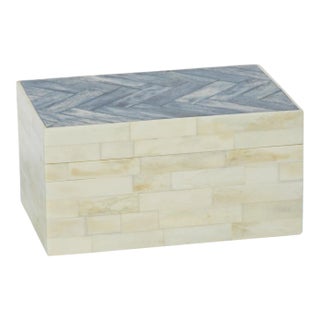 Mahar Bone Box with Blue Herringbone Pattern Lid, Small For Sale