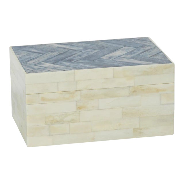 Mahar Bone Box with Blue Herringbone Pattern Lid, Small For Sale