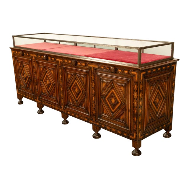 Antique Art Deco Jewelry Store Display Case Counter Walnut Bronze Glass 1920 For Sale