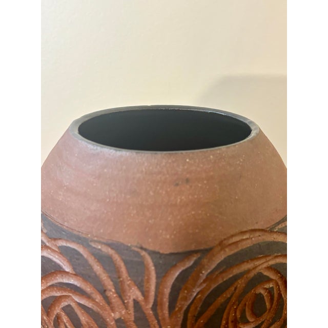Sculpture Materials Vintage Mid-Century Incised Red Clay Vase With Black Rose Motif, Signed For Sale - Image 7 of 7