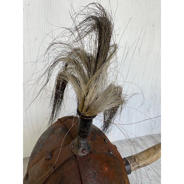 Late 20th Century Unusual Vintage Riveted Steel Horn and Leather Viking Helmet For Sale - Image 5 of 8