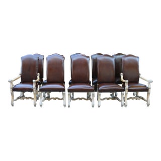 Vintage Set of Ten Brown Leather High Backs Dining Chairs For Sale