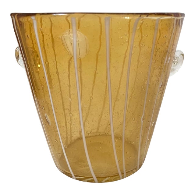 Venini for Disaronno Hand Blown Art Glass Amber & White Latticino Ice Bucket For Sale