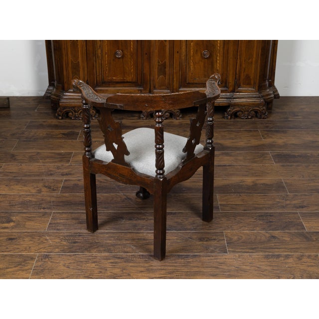19th Century English 19th Century Oak Corner Chair with Carved Foliage and New Upholstery For Sale - Image 5 of 10