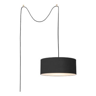 Stretch Swag Lamp, Black Linen Shade, Satin Nickel, for Living Room or Bedroom For Sale