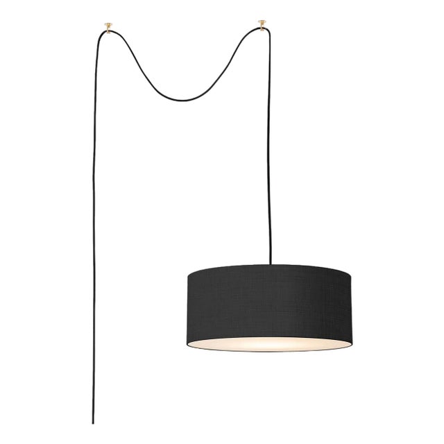 Stretch Swag Lamp, Black Linen Shade, Satin Nickel, for Living Room or Bedroom For Sale