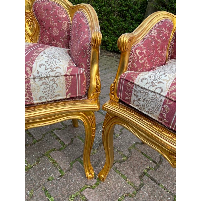 1970s French Louis XVI 3 Pieces Gold Beech Sofa Set in Damask For Sale - Image 11 of 12