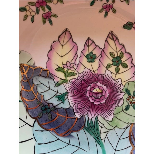 Chinoiserie Vintage Hand-Painted Porcelain Floral Chinese Tobacco Leaf Brass Encased Low Bowl For Sale - Image 3 of 8