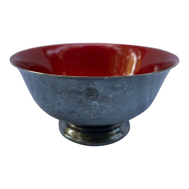 Red Enameled Revere Style Silver Bowl For Sale
