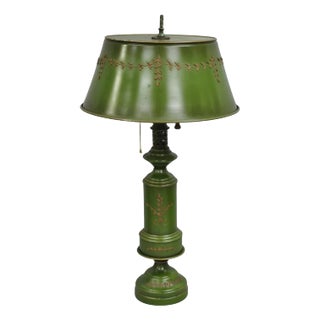 Vintage French Country Green Tole Metal Tall Lantern Table Lamp With Shade For Sale