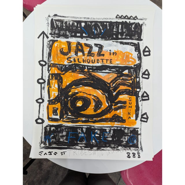 2020s Groove in Silhouette - Original Pop Street Art Figurative Acrylic Poster Board on Newspaper by Gary John For Sale - Image 5 of 6