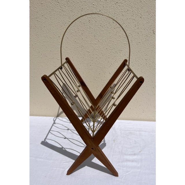 1960s Mid Century Brass and Wood Magazine Rack For Sale - Image 9 of 13