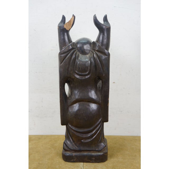 Vintage Japanese Hotei Laughing Buddha Carved Wood Statue Sculpture 18" For Sale - Image 4 of 12