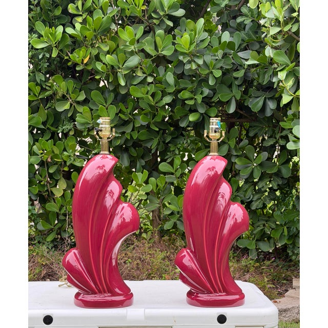 Vintage 1980s Postmodern Cranberry Red Sculptural Wave Ceramic Table Lamps - A Pair For Sale - Image 4 of 10