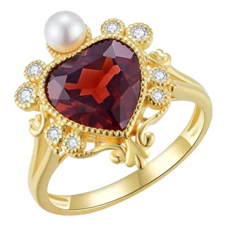 Kai "On My Heart" Garnet Diamond Pearl Cocktail Ring, size 6.5 For Sale