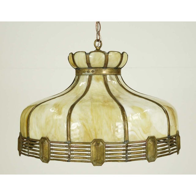 Traditional Vintage Tan Slag Stained Glass Pendant Light With Brass Accents For Sale - Image 3 of 10