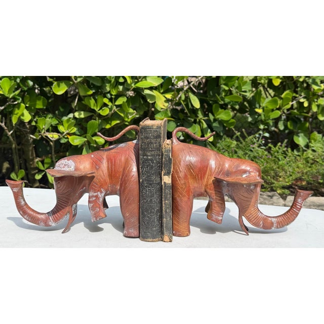 Brown Vintage Oversized Metal Elephant Bookends With Weathered Patina, Pair For Sale - Image 8 of 9
