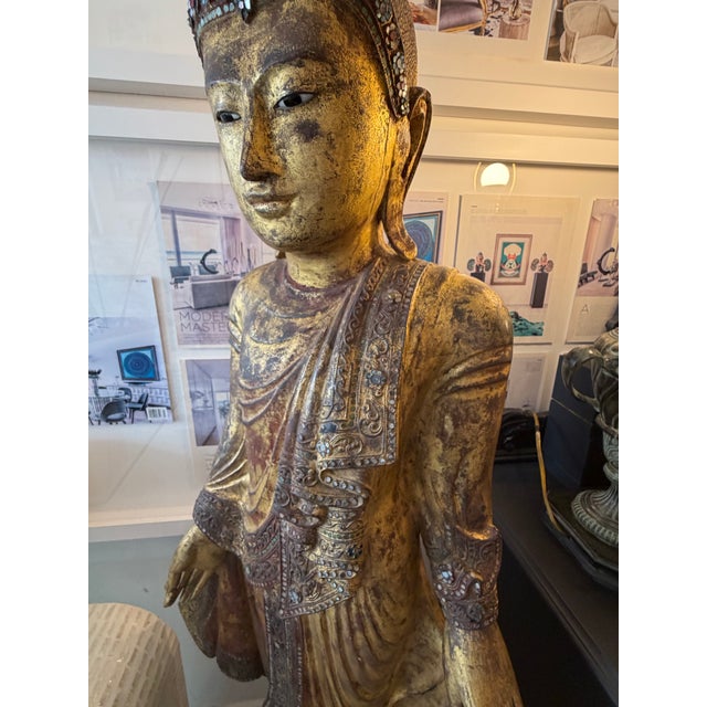 Antique Carved Wood Bejeweled Burmese Mandalay Standing Buddha Sculpture For Sale - Image 11 of 11