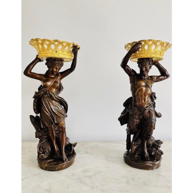 Antique Pair of Patinated Bronze Sculptures Bacchus & Bacchante For Sale - Image 9 of 18