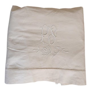 Antique French Hemstitched Linen Tablecloth I For Sale