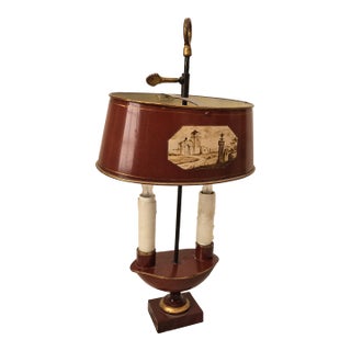 Antique Toleware Bouillotte Table Lamp With Painted Landscape Panels For Sale