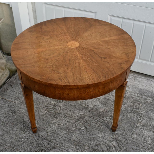 Vintage Baker - Millings Road Round Inlaid Burl & Fruitwood Mid Century Table For Sale - Image 9 of 12