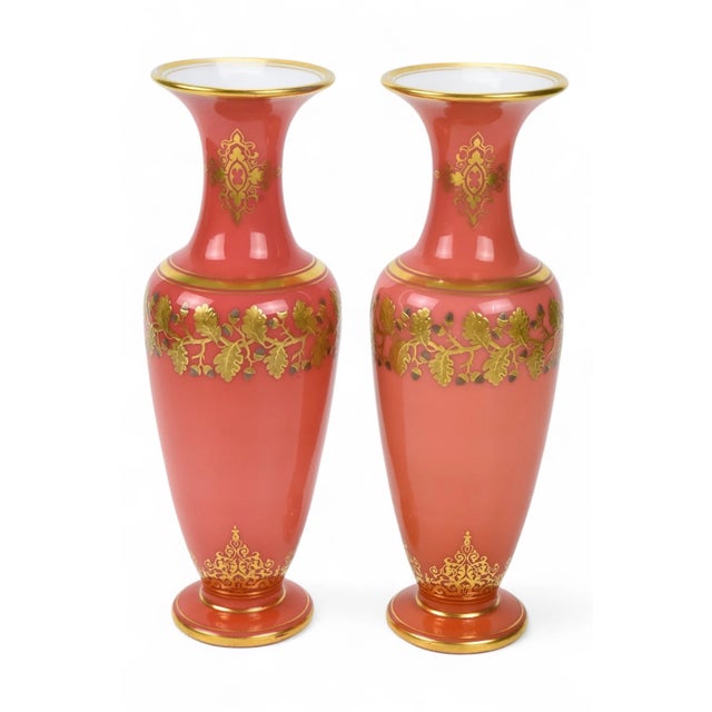 Mid 19th Century Mid 19th Century Superb Pair of Baccarat Opaline Glass Vases With Platinum and Gold Designs For Sale - Image 5 of 8