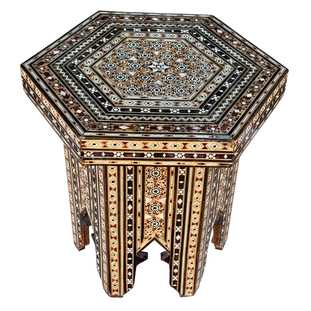 Handcrafted in Damascus, Syria, this exceptional vintage hexagonal side table reflects the city's centuries-old tradition...