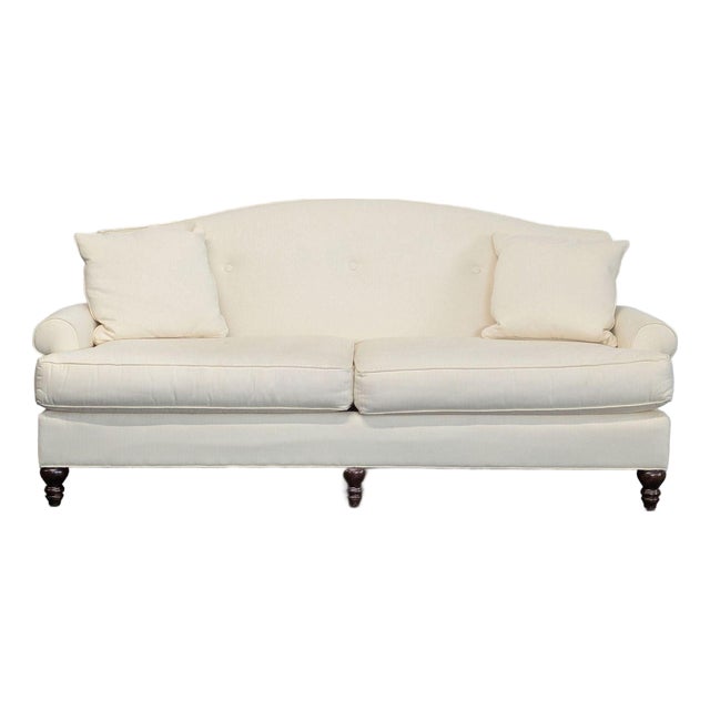 Thomasville 3-Seat Cream Sofa With Rolled Arms and Accent Pillows For Sale