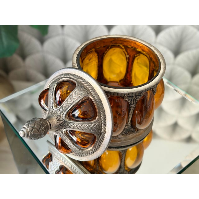 Vintage Baroque Brass Caged Amber Blown Bubble Glass & Dome Lidded Apothecary Jar For Sale In Los Angeles - Image 6 of 11