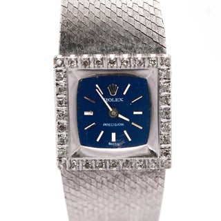 1970s Rolex Precision 2157 Ladies 18k White Gold Diamond Bezel Blue Dial Watch 1972 For Sale