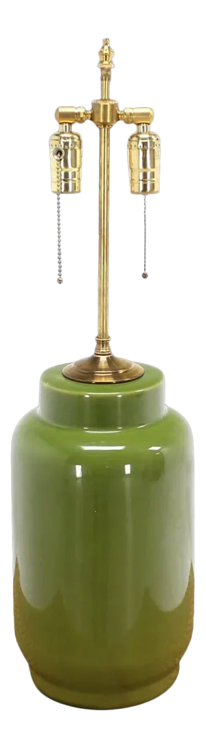 Vintage Mid Century Brass Glazed Pottery Ceramic Cylinder Base Table Lamp