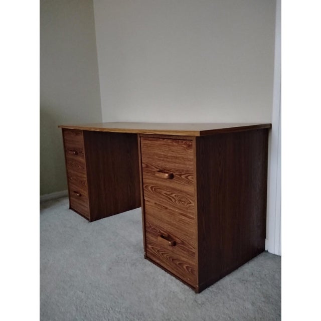 Desk - 2 File Cabinets + Desktop Walnut Wood Portable 3 Pc Retro Wooden Desk Euc For Sale - Image 4 of 13
