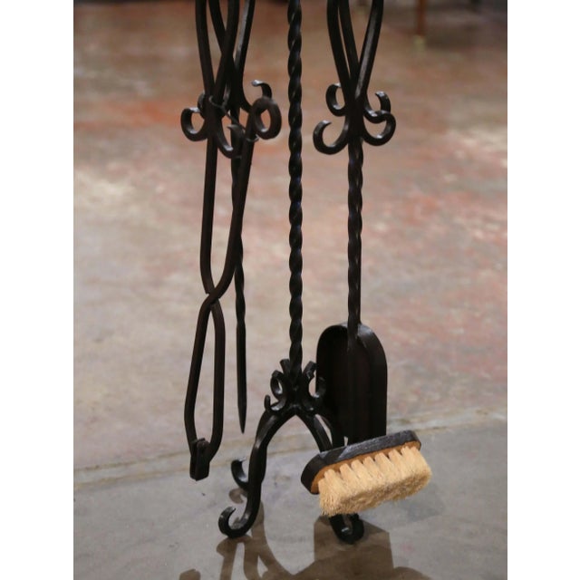 Vintage French Gothic Wrought Iron Five-Piece Fireplace Tool Set on Stand For Sale - Image 4 of 10