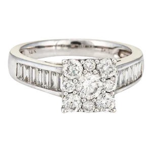 1ct Diamond Square Cluster 14k White Gold Engagement Ring Size 7