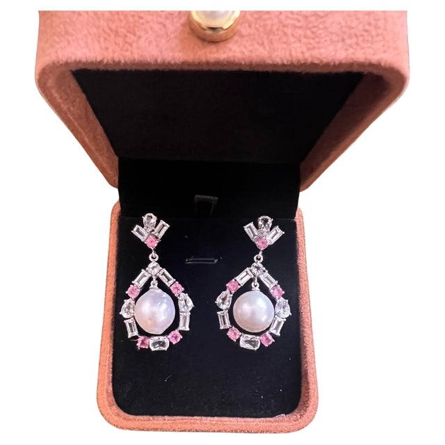 Bochic "Orient" Vintage Pink Sapphire & White Pearls Earrings 18K Gold & Silver For Sale - Image 17 of 18