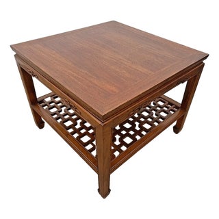 1960s MCM Ming Style Wood Coffee / End Table With Open Geometric Fretwork Lower Shelf For Sale
