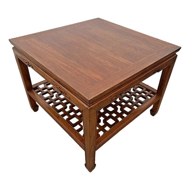 1960s MCM Ming Style Wood Coffee / End Table With Open Geometric Fretwork Lower Shelf For Sale