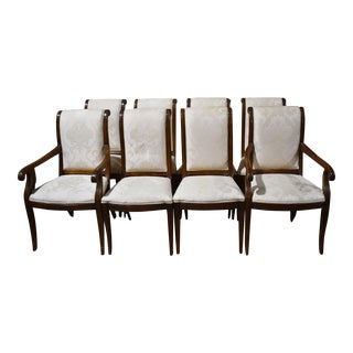 Henredon Walnut Dining Chairs With Silk White Damask Fabric - Set of 8 For Sale