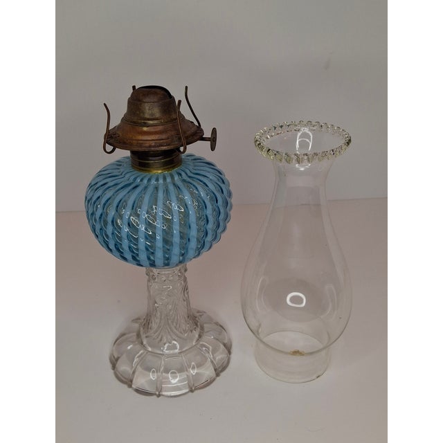 Late 19th Century Rare Thuro Collection Sheldon Swirl Opalescent Kerosene Oil Lamp Blue Reverse For Sale In Boston - Image 6 of 18