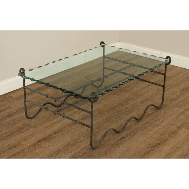 Custom Quality Wrought Iron Frame Coffee Table with Thick Scalloped Edge Glass Top, in the Style of Diego Giacometti
