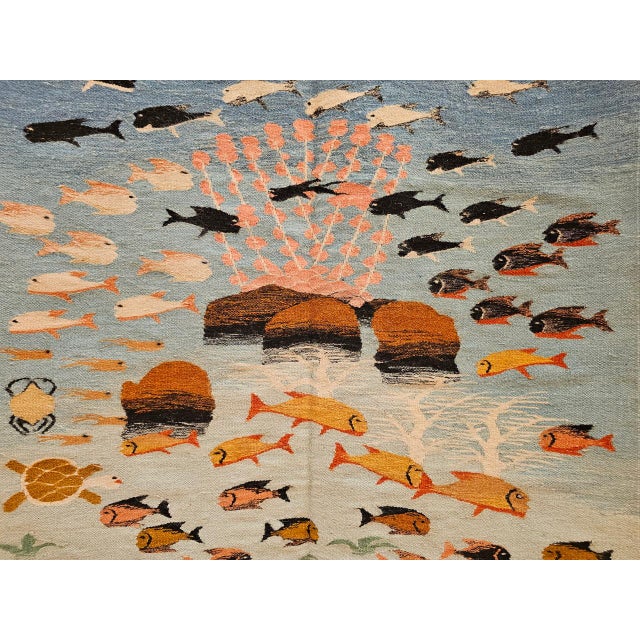 Vintage Hand-Woven Kilim Area Rug, Pictorial Ocean Scene Wall Art, 41” x 55” For Sale - Image 12 of 15