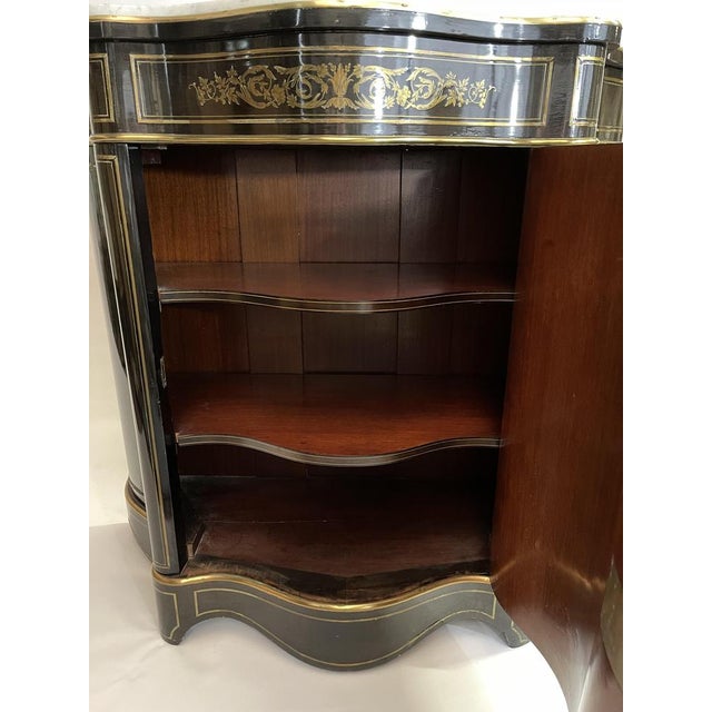 Napoleon III Side Cabinet in Ebonized Wood with Brass Marquetry and White Marble, 1800s For Sale - Image 6 of 9