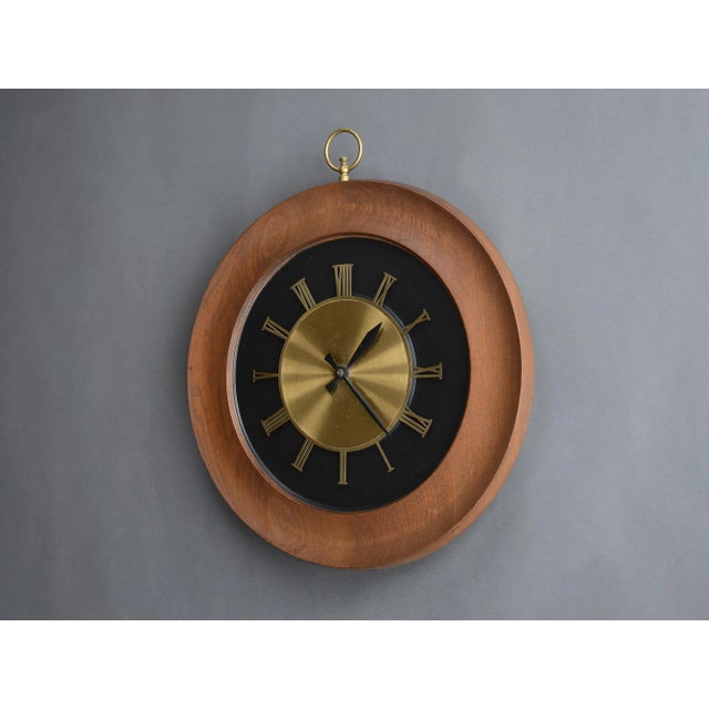 Large Round Danish Modern Sculpted Walnut & Brass Clock With Roman Numerals For Sale - Image 4 of 13