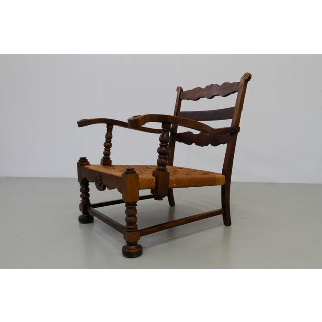 Danish Art Nouveau Lounge Chair in Oak and Papercord, 1930s For Sale - Image 3 of 18
