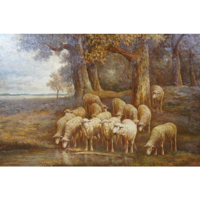Assteyn Sheep Grazing Countryside Landscape OIl Painting on Canvas 49" For Sale - Image 4 of 12